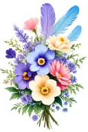 violets, primroses, asters flower bouquet with light blue, lavender, pink and cream boho feathers  tattoo design idea