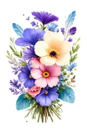 violets, primroses, asters flower bouquet with light blue, lavender, pink and cream boho feathers  tattoo design idea