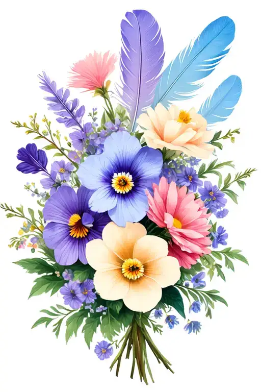 violets, primroses, asters flower bouquet with light blue, lavender, pink and cream boho feathers  tattoo design idea