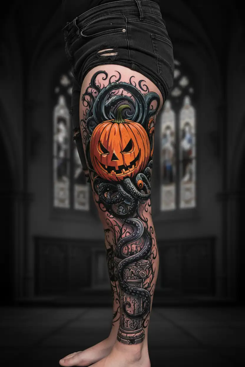 jack o lantern, tentacles, eldritch, deep space tattoo design idea