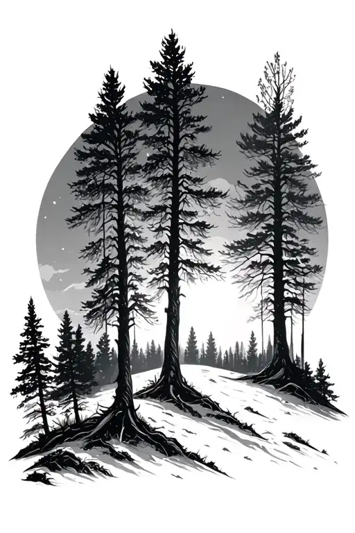 Latvian trees, forest sunrise integrated tattoo design idea