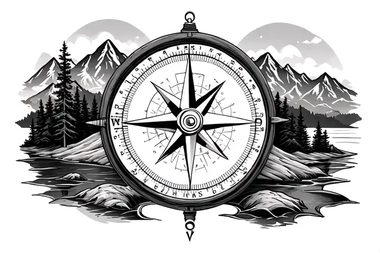 compass with mountains and nature tattoo design idea