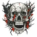 Cracked Bloody Skull with no Lower Jaw. Bleeding. Dry Thorny Blood soaked black Branches. tattoo design idea