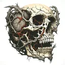 Cracked Bloody Skull with no Lower Jaw. Bleeding. Dry Thorny Blood soaked black Branches. tattoo design idea