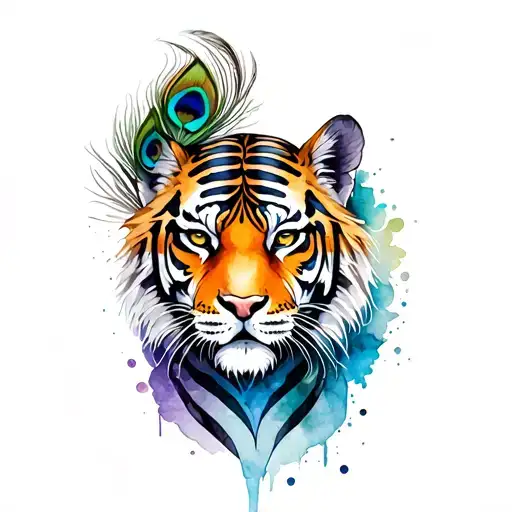 colored tiger body with armor and medusa head, with peacock feathers tattoo design idea