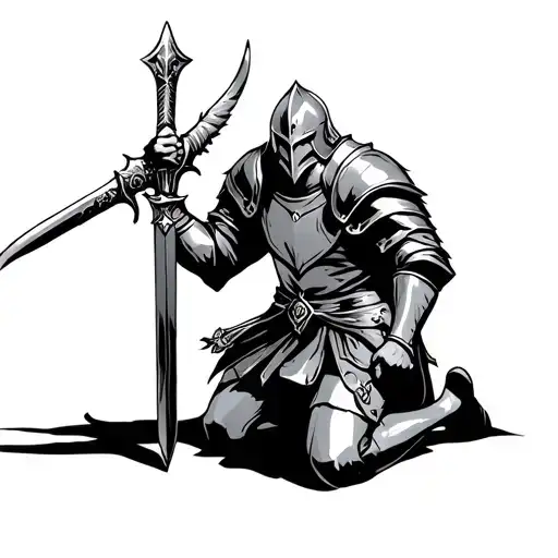 An image of a kneeling knight holding his sword in a Dark Fantasy style tattoo design idea