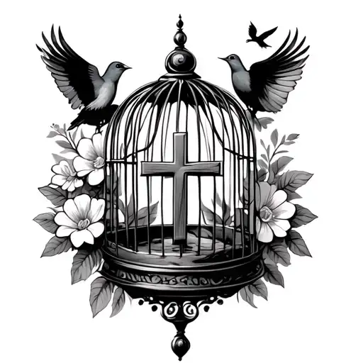 A birdcage with a cross in the middle as an opening surrounded by flowers with a bird flying away tattoo design idea