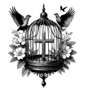 A birdcage with a cross in the middle as an opening surrounded by flowers with a bird flying away tattoo design idea