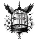 A birdcage with a cross in the middle as an opening surrounded by flowers with a bird flying away tattoo design idea