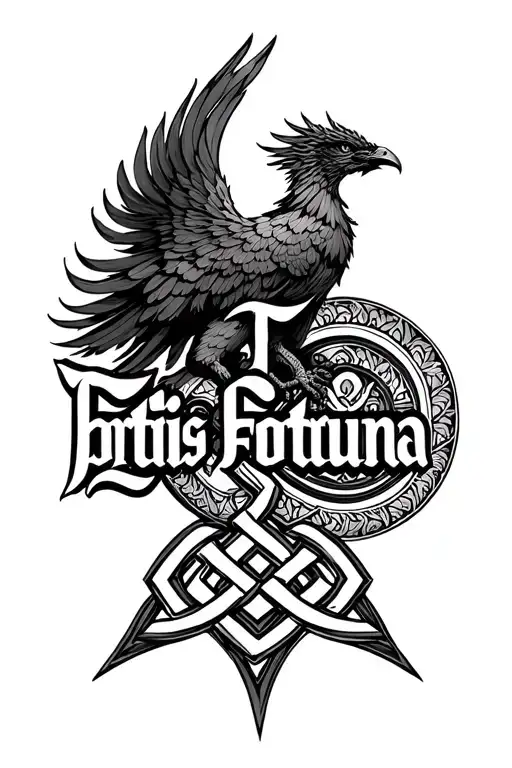 Lettering fortis fortuna adiuvat with a phoenix and an endless knot shrivatsa tattoo design idea
