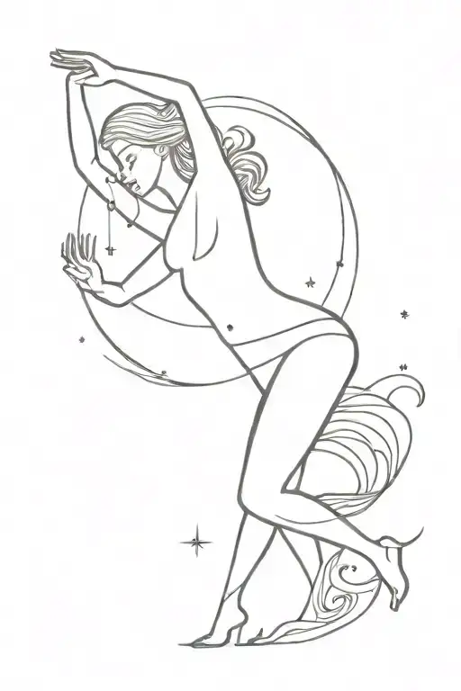 A delicate silhouette of a woman dancing, flowing with the energy of the universe. Surrounding her, the sun and moon int tattoo design idea