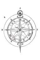 Compass rose / astrological signs of Libra and Aries / a boat / a pocket watch tattoo design idea