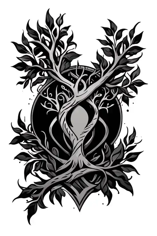 tribal design including army elements, tree of life, dna strand for woman tattoo design idea