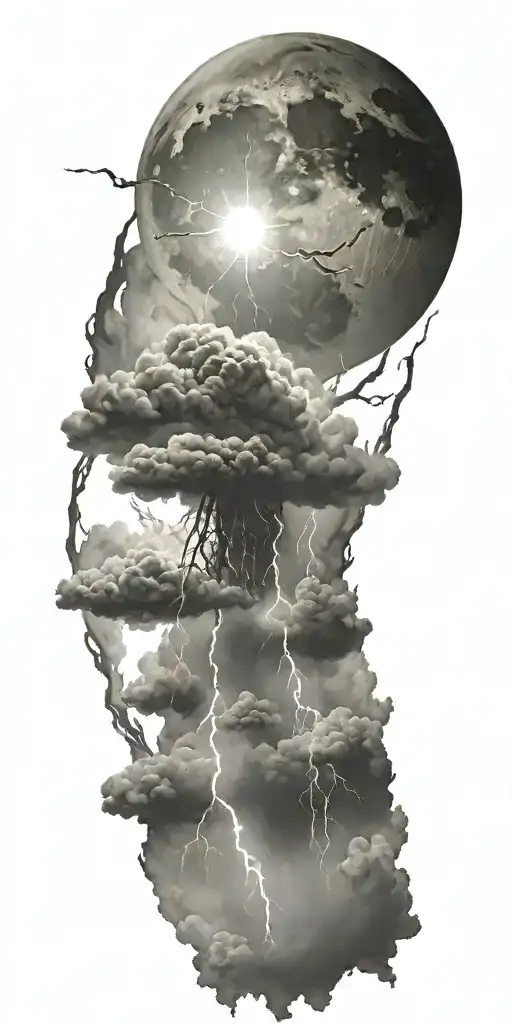 intricate tattoo thunderstorms, clouds with twenty lightning strikes around moon into space tattoo design idea