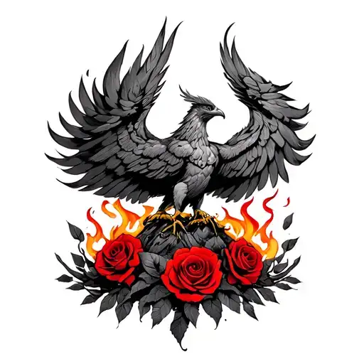 phoenix rising from the ashes with red roses burning tattoo design idea