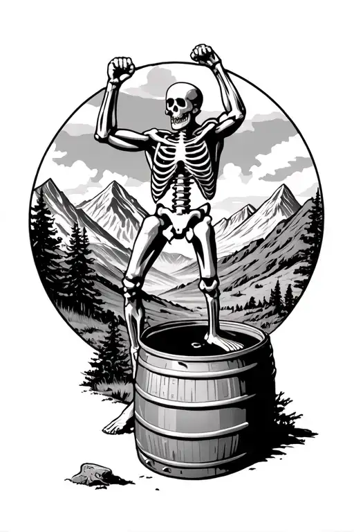 a man that's a skeleton with both his fists in the air, standing on top of a beer keg looking out into the mountains  tattoo design idea