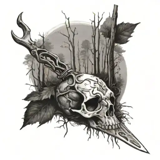 black and white photo- forest, sword stuck in the ground, deer skull like watermark in background tattoo design idea