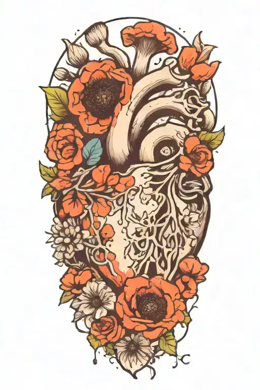 abstract design human heart, poppies, anemones, mushrooms, love and the letters J and C tattoo design idea