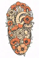 abstract design human heart, poppies, anemones, mushrooms, love and the letters J and C tattoo design idea