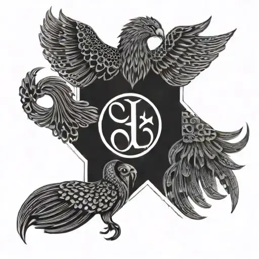 A minimalist tattoo featuring the symbols of Aries, a phoenix, Saint George, and Saint Peter's key arranged in a geometric pattern tattoo design idea