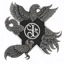 A minimalist tattoo featuring the symbols of Aries, a phoenix, Saint George, and Saint Peter's key arranged in a geometric pattern tattoo design idea