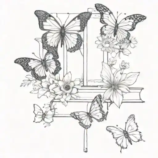 Stack of books with one book open on top surrounded by butterflies, dragons and small daisies in linear black and white tattoo design idea
