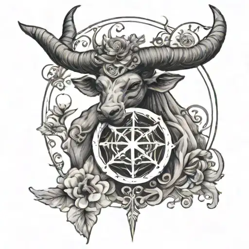 A Taurus zodiac sign combined with the Greek God Appollo surrounded with a poetic verse written in elegant script.  tattoo design idea