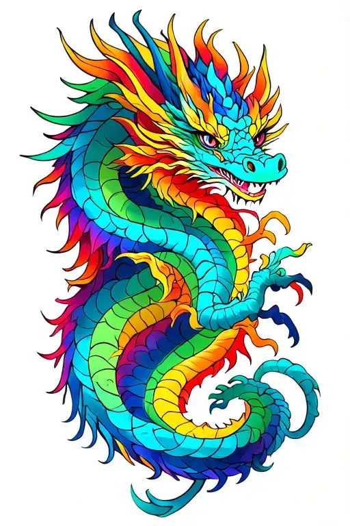 masculine but delicate Dragon rainbow in color but with more hues in the blues and greens  tattoo design idea