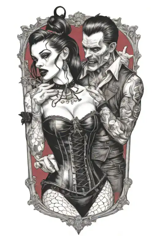 realistic scene of a gothic pinup girl waering corset and fishnets being bitten by a scary male vampire tattoo design idea