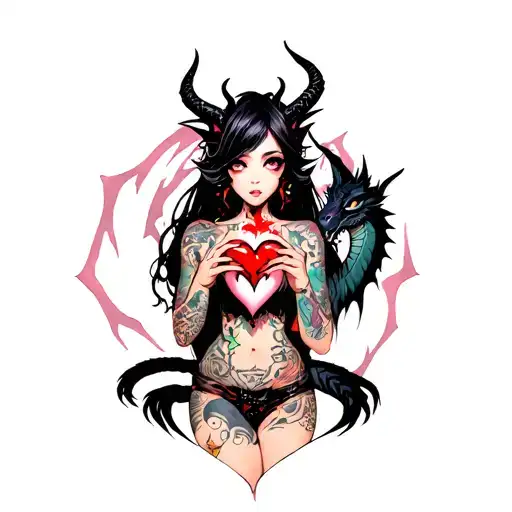 tattooed anime demon girl holding a shattered heart surrounded by a voodoo black dragon tattoo design idea