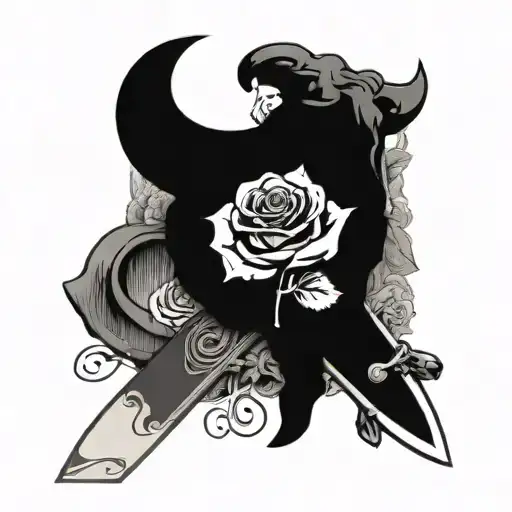 A butcher's knife entwined with roses and money symbols, with a bull skull in the background tattoo design idea