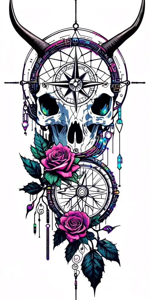 Metal, Southwest, Cactus, Dead Roses, Compass, Dreamcatcher, Longhorn skull tattoo design idea
