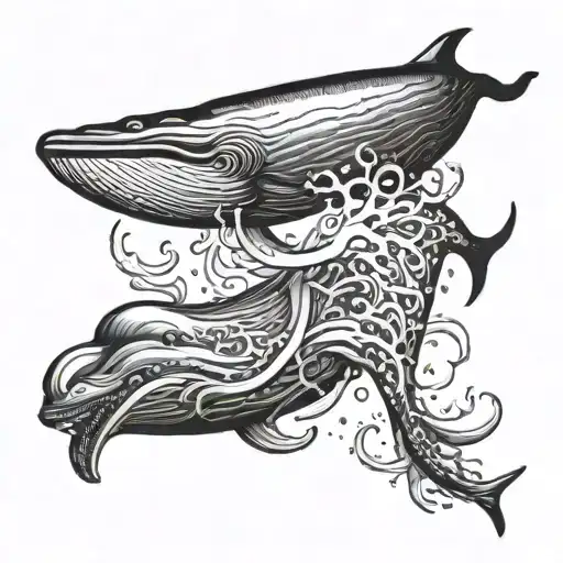 giant sperm whale fighting huge massive squid with death involved. explosions tattoo design idea