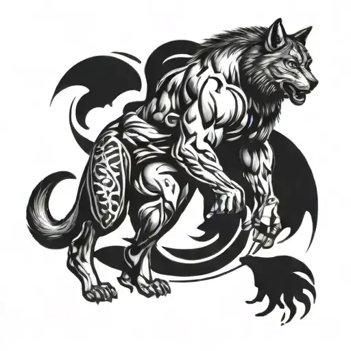 Craft a black-grey tattoo of a bodybuilder surrounded by a wolf and panther in a protective stance, symbolizing inner strength and resilience tattoo design idea