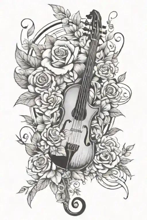 music, flowers, bohemian tattoo design idea
