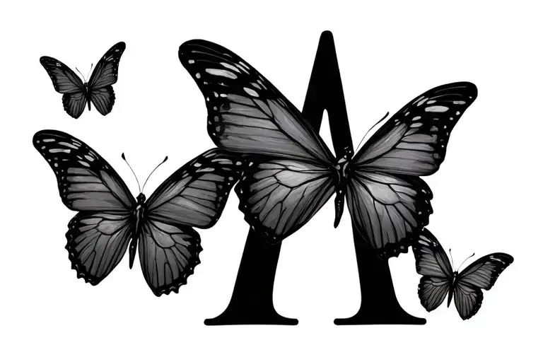 A letter A with 2-3 butterflies fly the way tattoo design idea