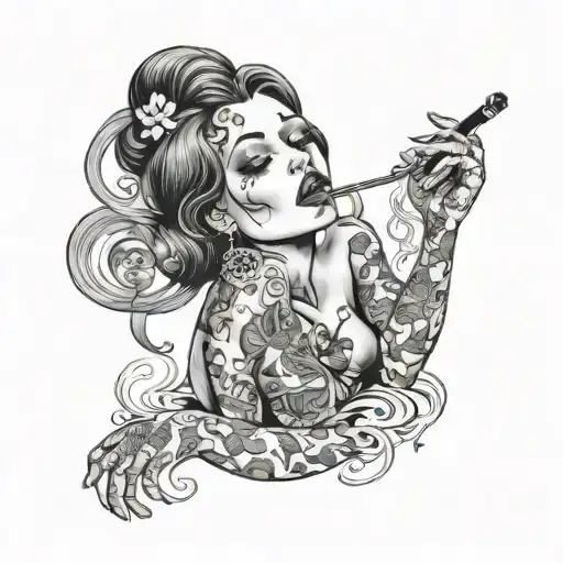 A prostitute who has repented. she has lost all his loved ones. she is smoking tattoo design idea