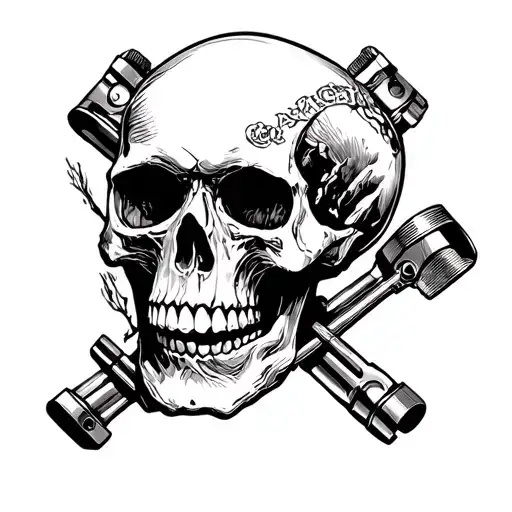 Skull and Crossed Pistons tattoo design idea