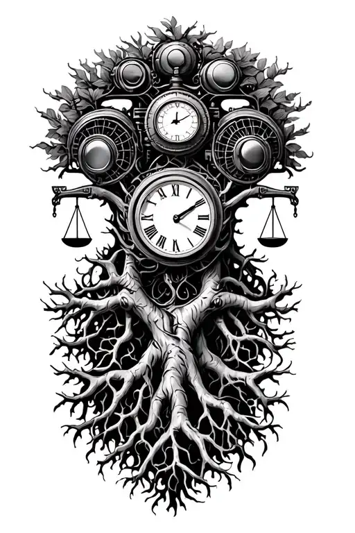 midevil tree of life with roots, libra scales, v-twin engine heads and a clock intertwined  tattoo design idea