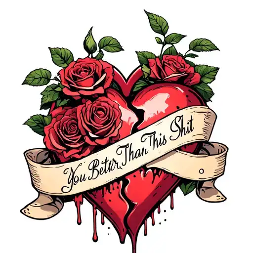 roses around a bleeding broken heart sewn together slightly with a banner that says You R Better Than This Shit tattoo design idea