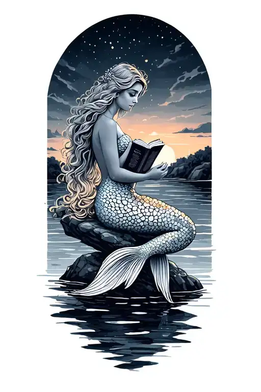 A beautiful mermaid sitting on a rock at sunset, holding a book in her hands tattoo design idea