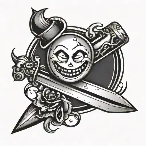 a dagger with a smiley face on the blade and pommel tattoo design idea