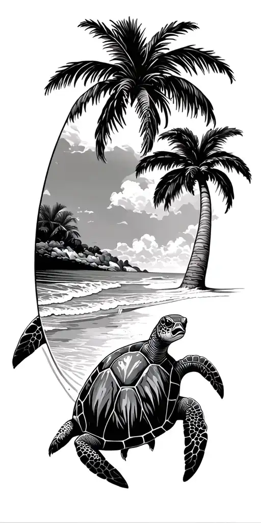 sea turtle swimming, beach, palm tree, tattoo design idea