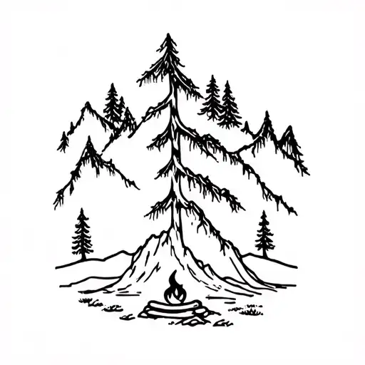 mountain vines trees camp fire tattoo design idea
