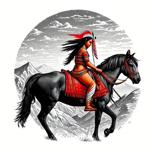 red indian girl riding horse on mountains sunset sky tattoo design idea