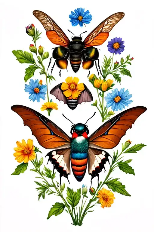 rusty patch bumblebee, hummingbird moth, swallowtail butterfly, brown bat, click beetle, & blue bird over wildflowers  tattoo design idea
