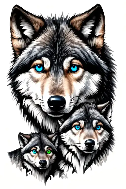 parent wolf with blue eyes with 2 older cubs with blue and green eyes tattoo design idea