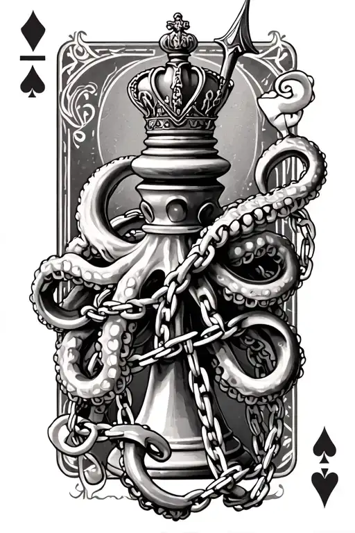playing card with octopus tentacles and chains wrapped around a chess piece king and a three pronged spear tattoo design idea