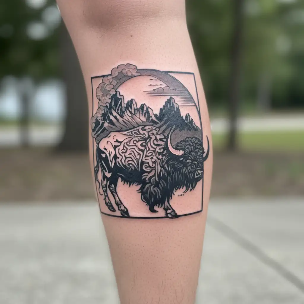 buffalo and mountains inside tattoo design idea