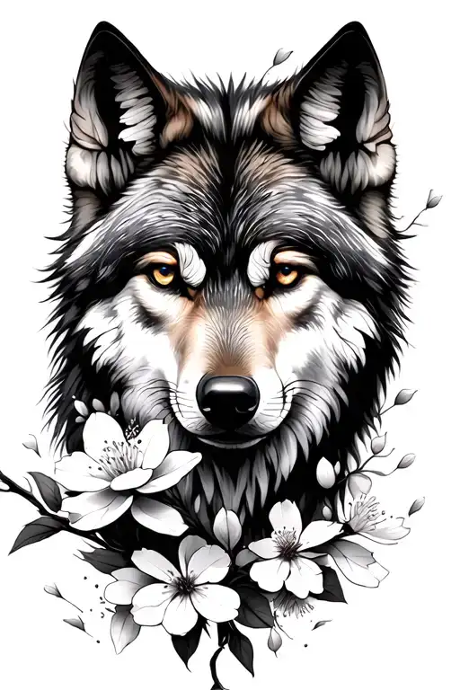 Wolf fine line and realistic cherry blossoms tattoo design idea
